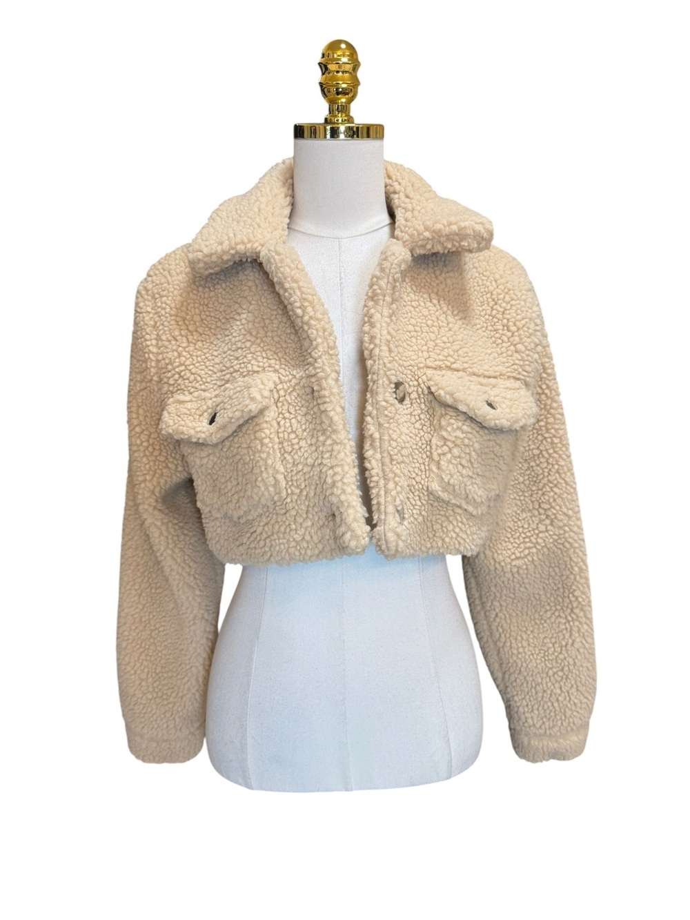 Fashion Nova Cropped Sherpa Teddy Jacket Cream Utility Pockets Size M